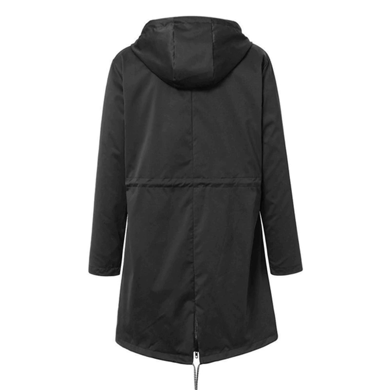 Waterproof hooded rain jacket in black with windproof, lightweight design, featuring full sleeve and hood.